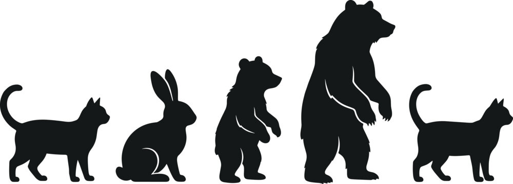 Black animal silhouettes set featuring domestic cats sitting rabbit small cub and standing big bear vector graphics isolated on white background