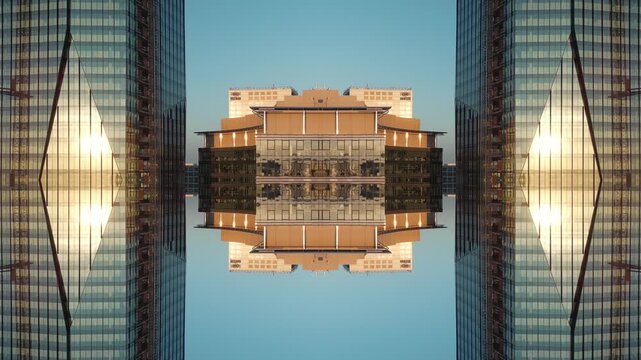 mirrored fractal cityscape skyline with symmetrical skyscraper geometry, abstract urban city architecture pattern with futuristic kaleidoscope reflection effect, technology background 4k