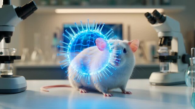 White laboratory rat with a glowing blue digital data overlay in a scientific medical research lab setting 4K video