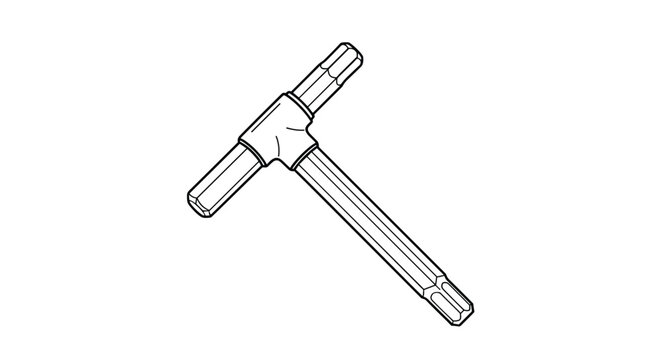 Handheld T-handle hex wrench or allen key tool is shown as a clean line drawing for mechanical assembly tasks.