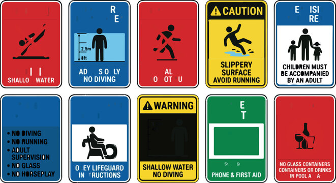 Swimming pool safety signs collection, 10 caution and warning vector icons, aquatic facility rules and hazard symbols for public water safety isolated PNG with Transparent Background