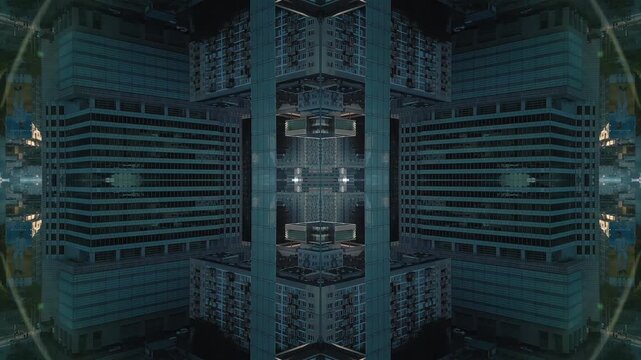 mirrored fractal cityscape skyline with symmetrical skyscraper geometry, abstract urban city architecture pattern with futuristic kaleidoscope reflection effect, technology background 4k