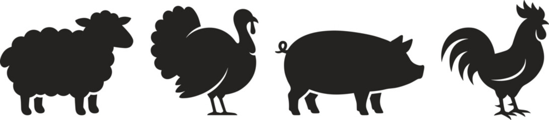 Black silhouettes of domestic farm animals including a sheep turkey pig and rooster isolated on white background © MdMehedi