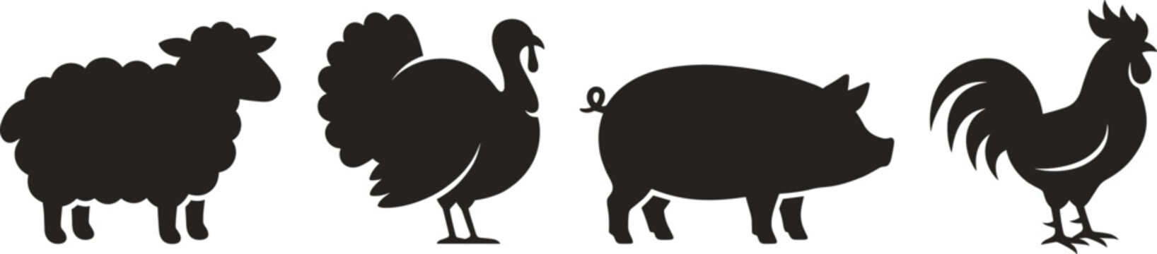 Black silhouettes of domestic farm animals including a sheep turkey pig and rooster isolated on white background