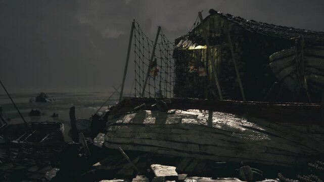 Moonlit wet fishing dock at night, grounded trawler and tangled nets glistening under dim lantern light, low tide exposing barnacled hulls, salty air heavy
