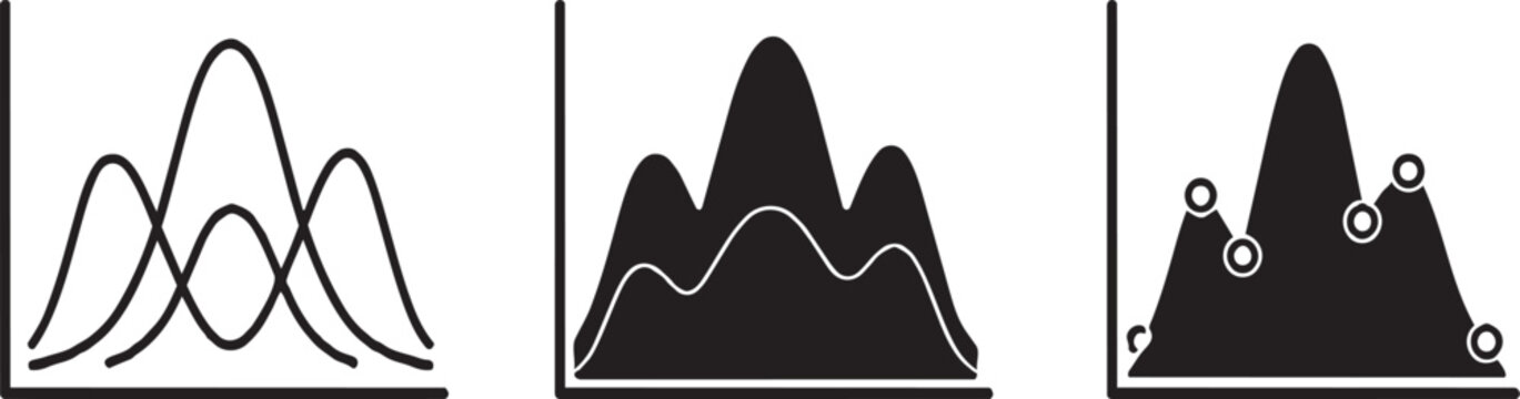 Set of three black mountain shape line graphs and charts