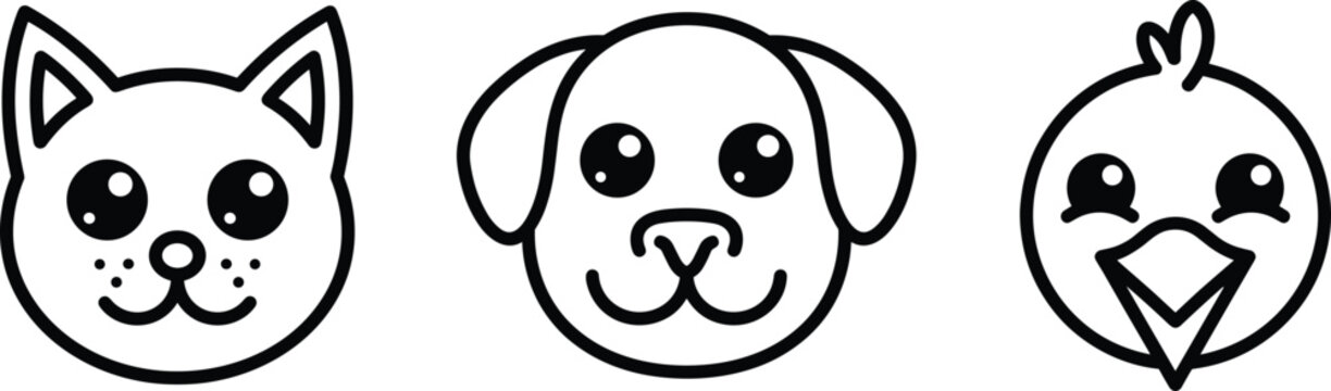 Cute cartoon animal face line art icon set featuring a friendly cat dog and little chick head avatar