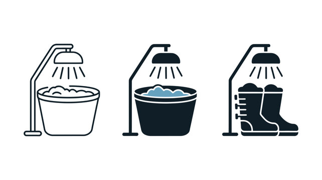 Cleaning bucket and rubber boots under a shower in line and glyph icon styles for hygiene and maintenance