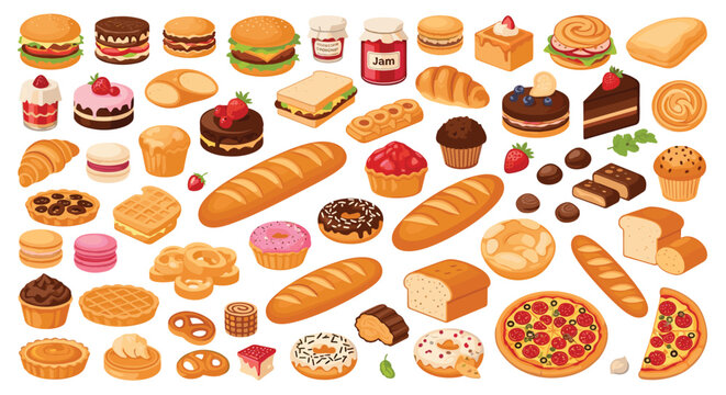 Massive assortment of colorful bakery items including bread, donuts, pizza, cakes, croissants, and waffles in detailed illustration.