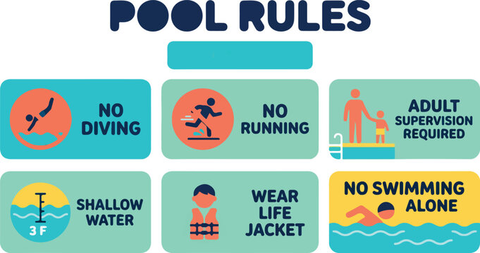 Swimming pool rules sign with safety icons, water safety regulations poster, collection of 6 pool warning symbols for public and private pools isolated PNG with Transparent Background