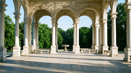 Obraz premium Open-air pavilion with classical arches and fountain water feature pavilion