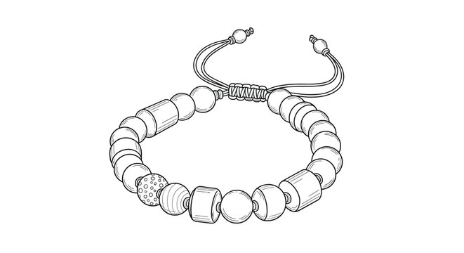 Stylish beaded bracelet with various shapes and textures of beads on a cord with adjustable pull strings in line art style.