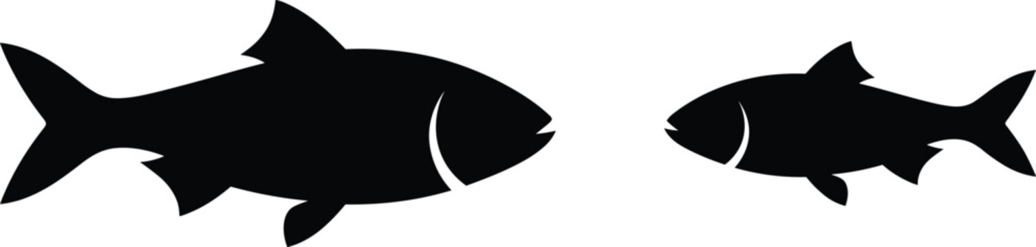 Two black fish silhouettes of different sizes facing each other isolated on a white background vector illustration
