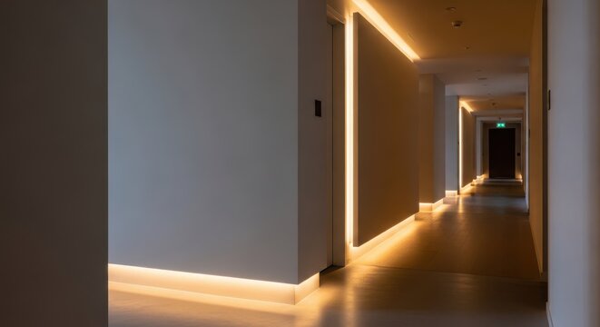 Modern hallway with soft ambient illumination from concealed lighting highlighting architectural details and creating a warm inviting atmosphere