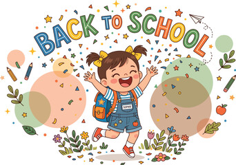 Naklejka premium Back to school vector illustration, happy schoolgirl with backpack, cute student character with confetti