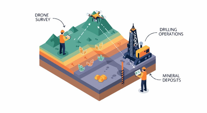 Mining exploration and drilling operations illustration.