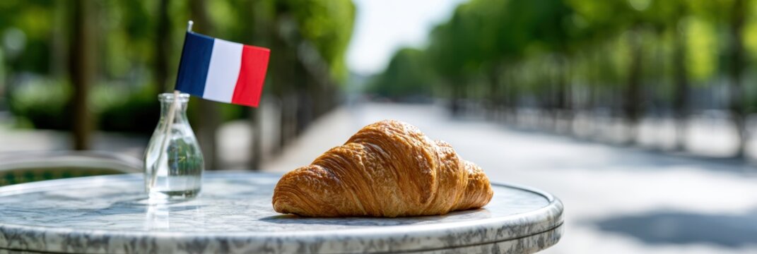 lifestyle marketing, vibrant lifestyle web banner featuring a french-themed scene with a bistro table, croissant, and parisian boulevard perfect for bastille day