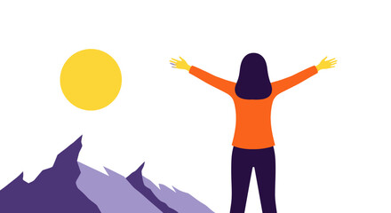 Naklejka premium Woman Standing with Open Arms Towards Mountains and Sun, Concept of Success, Freedom, and Achievement Vector Illustration