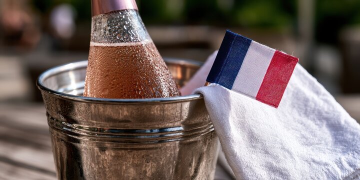 luxury wine presentation, a deluxe set with high-quality french ros in a silver ice bucket on a sunlit terrace table