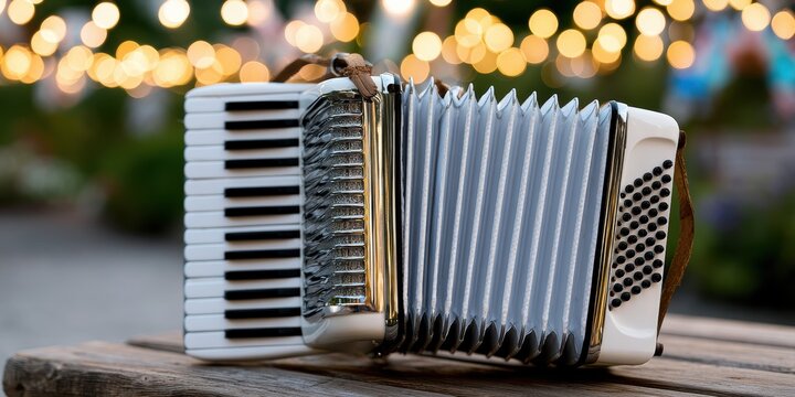 musical instrument photography, a top-quality editorial showcasing a vintage white and chrome accordion on a rustic bench at a village festival, highlighting details against a bokeh background of
