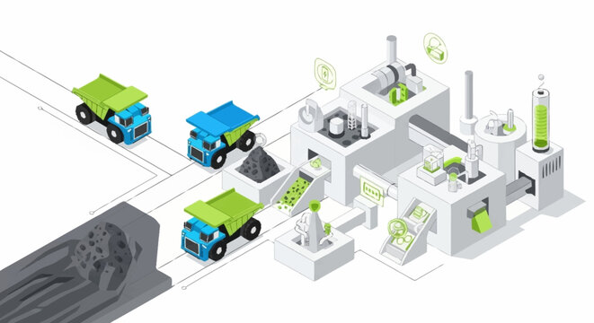 Modern industrial mining and processing plant with trucks.