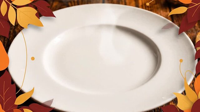 Empty white dinner plate with rising steam and falling autumn leaves animation for seasonal holiday food marketing menu design