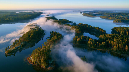 Fototapeta premium aerial view of misty forest islands on tranquil lake, scenic drone landscape with fog over island archipelago, sunrise above peaceful woodland islands and blue waters