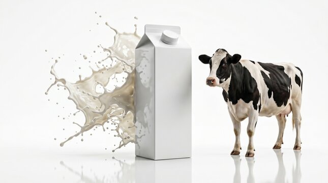 A black and white Holstein cow stands beside a white milk carton with a dynamic milk splash on a clean white background.