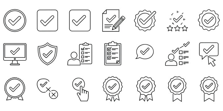 Quality assurance and verification line icon set for business approval process and check system