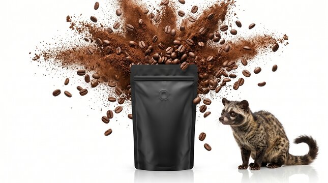 Kopi Luwak coffee concept with a civet cat, black stand-up pouch, and an explosion of coffee beans and ground powder on a white background.