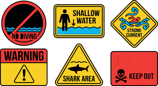 Beach safety warning signs collection, shark area and strong current alert symbols, shallow water and no diving caution labels, 6 vector icons isolated PNG with Transparent Background