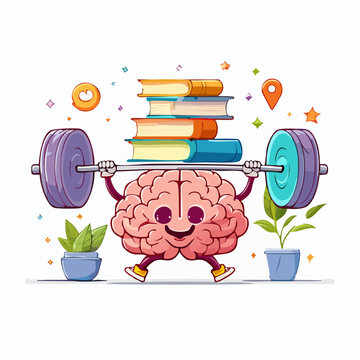 Cartoon Brain Lifting Books with Weights