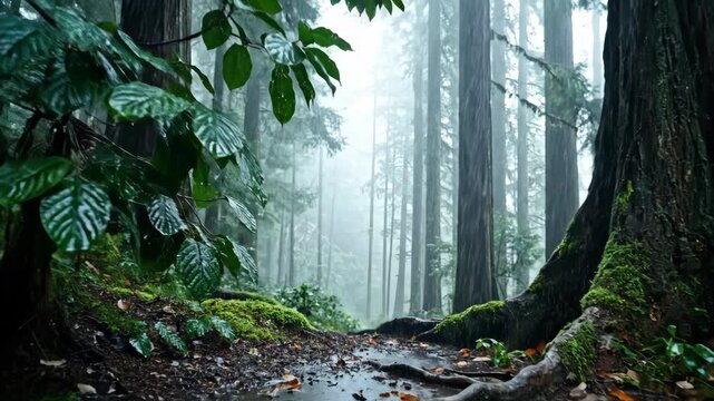 Serene Forest Pathway Surrounded by Tall Trees and Lush Green Vegetation.
