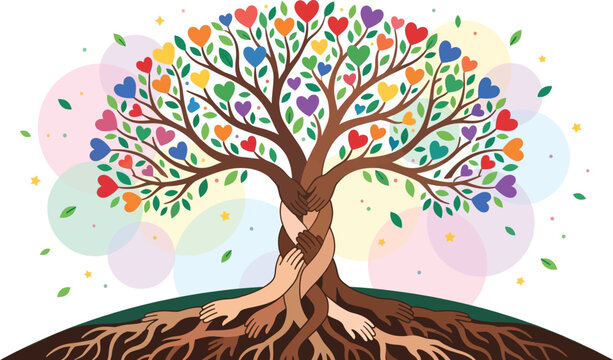 Colorful heart tree vector with hugging hands, diverse community love concept, charity and unity illustration