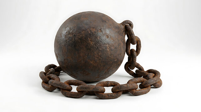 Heavy rusty ball and chain, symbolizing imprisonment or burden, imprisonment