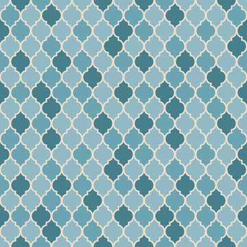 Moroccan Quatrefoil Seamless Pattern - Elegant Trellis Geometric Ornament in Blue and Teal Tones. 