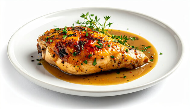 Roast chicken quarter with herbs and jus sauce simple French caf&eacute; plating close up