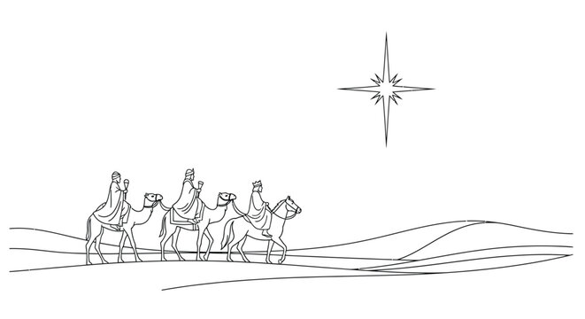 Three wise men on camels with star linear drawing silhouette