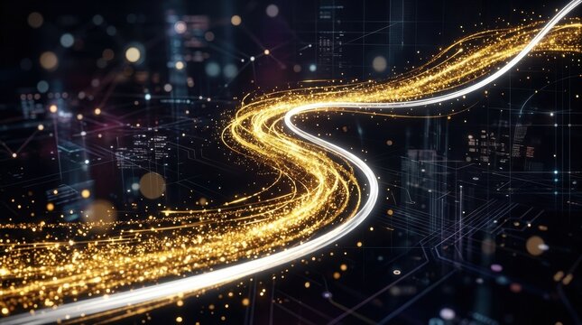 Golden particles form a luminous, shimmering path that intertwines with a sleek, flowing white curve in a dark digital space.