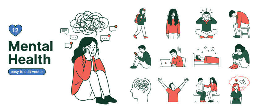Mental Health Awareness Scene Set Vector Doodle People Stress Anxiety Psychology Icons Collection
