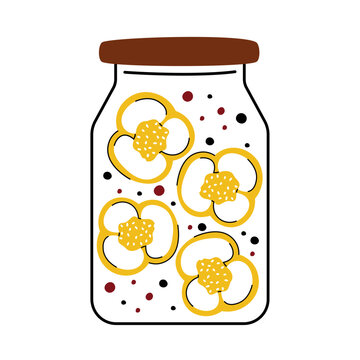 Home made preservation glass jar with pepper slices. Pickeld vegetables