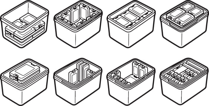 Isometric 3d cube with wireframe grid and shape outlines Vector