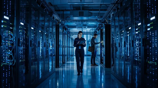 Dedicated IT professionals working in a futuristic data center, ensuring seamless connectivity and secure big data management for global digital infrastructure