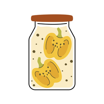 Homemade jars of preserving yellow pepper halves in brine