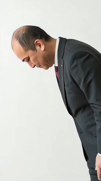 深く頭を下げて謝罪の言葉を述べるスーツ姿のミドル男性（50文字）