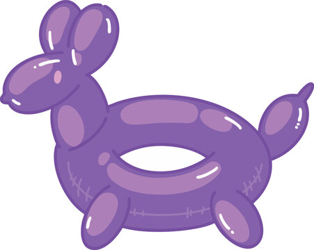 Purple balloon dog shaped pool float inflatable swim ring summer beach vacation party cartoon vector illustration