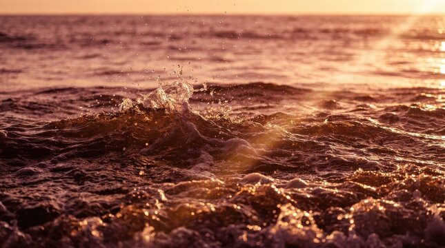 Close-up of red ocean water waves with a single splash and morning light with a blurred background and soft sunlight. This