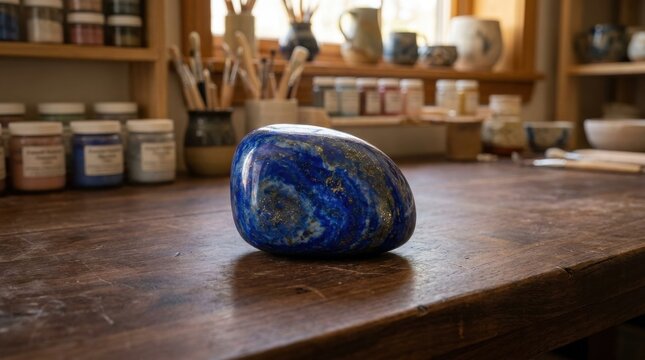 Deep blue lapis lazuli stone with golden pyrite veins on a polished wooden surface in an art studio