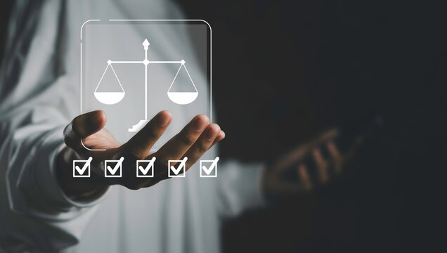 Digital audit and corporate compliance concept with virtual legal checklist and balance scale interface. Business risk management, governance control, and regulatory technology system.