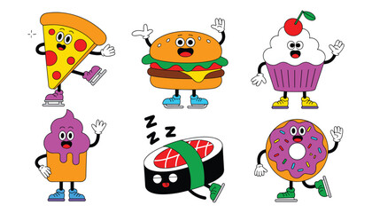 Fototapeta premium Cartoon food characters on ice skates whimsical illustration set